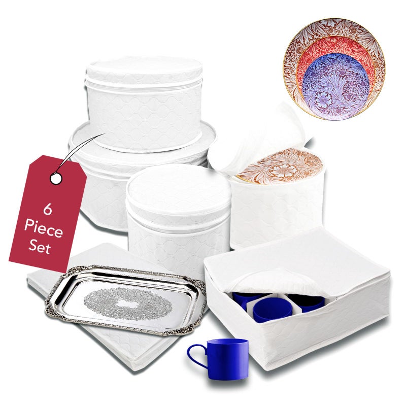 LAMINET 6 Piece Quilted Dinnerware Storage Starter Set - Includes 4 Plate Cases, 1 Cup Case & Platter Case - WHITE - Image 2